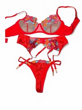 Liliosa Lingerie Limited Valentine Edition Red Floral Embroidered 3pc Set NWOT